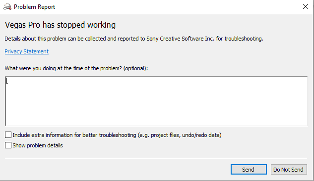Ошибка Report problem. Скрин ошибки в баг репорте. Работа Vegas Pro остановлена. Проблемы с Vegas Pro.